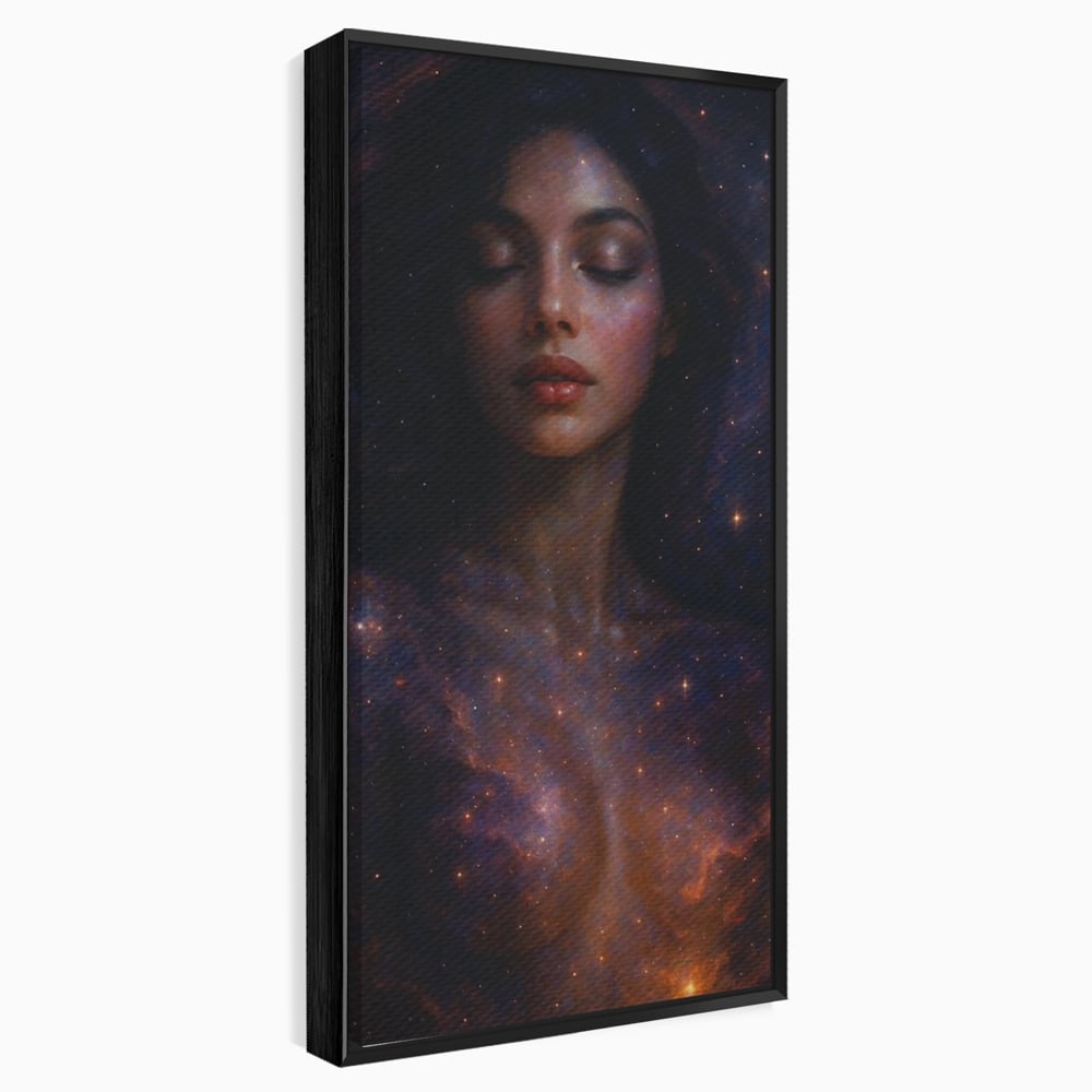 Tablou canvas cu tablou canvas cu femeie si galaxie, in rama de aluminiu negru